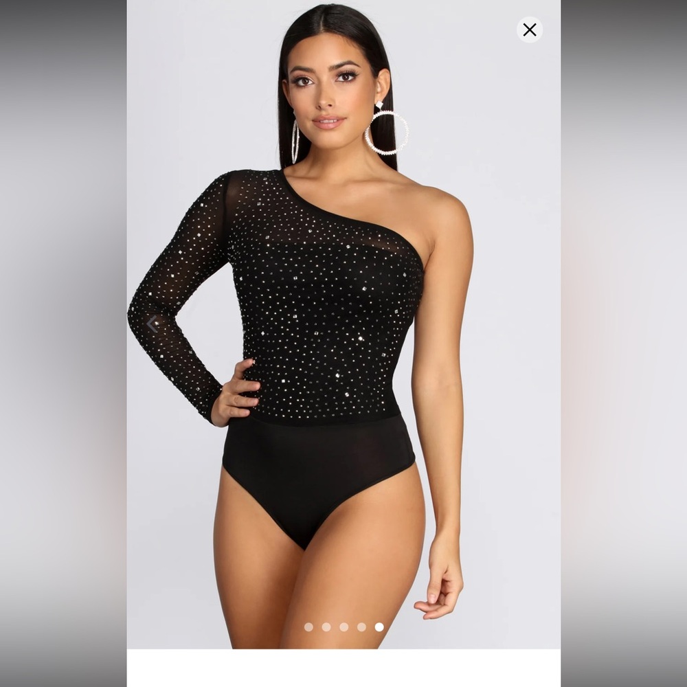 Windsor Black Rhinestone One-Shoulder Bodysuit